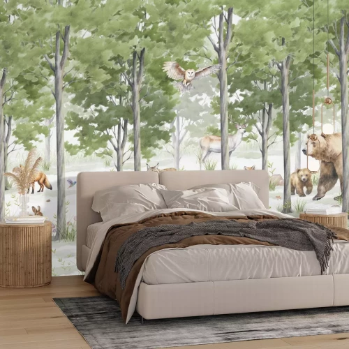Papier peint  Paysage forestier avec des animaux sauvages