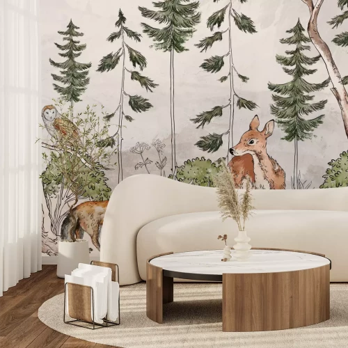 Papier peint  Paysage peint d’une forêt avec un renard et un chevreuil