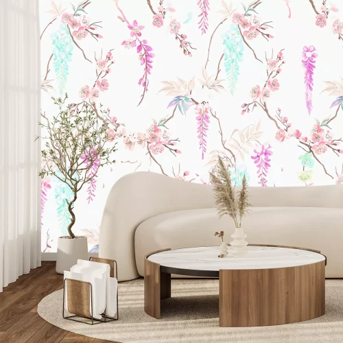 Papier peint  Fleurs de cerisier et feuilles sur un fond délicat