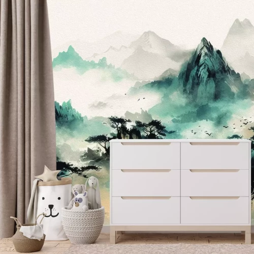 Papier peint  Panorama des montagnes asiatiques dans le brouillard