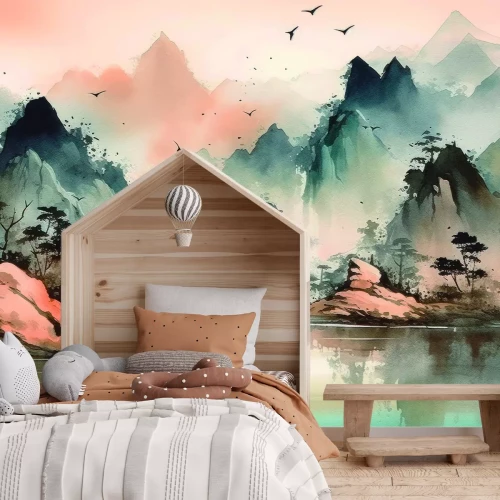 Papier peint  Paysage de montagnes avec un lac à l'aquarelle