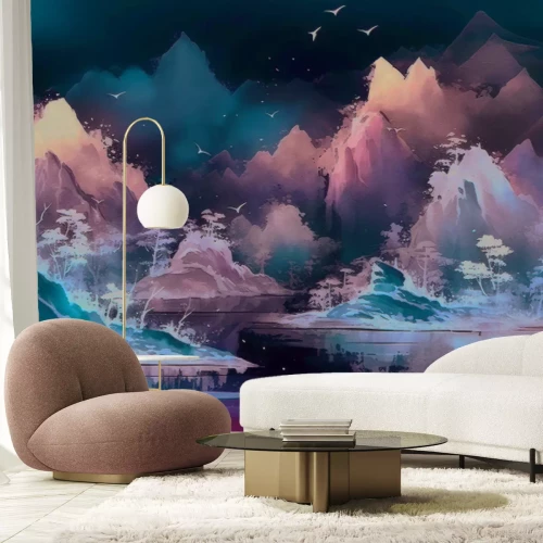 Papier peint  Paysage de montagnes avec un lac à l'aquarelle