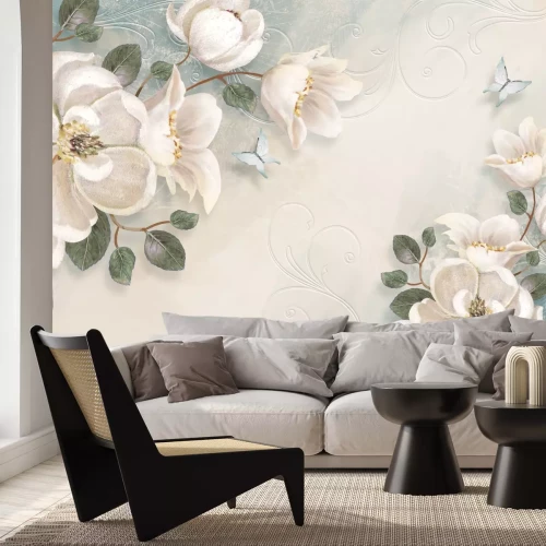 Papier peint  Fleurs blanches et papillons bleus parmi des ornements