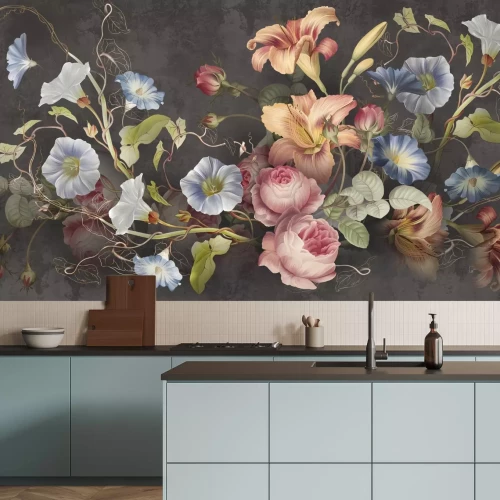 Papier peint  Fleurs colorées sur fond sombre texturé