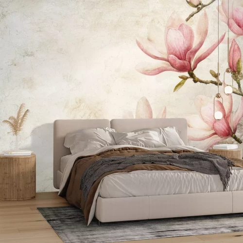 Papier peint  Magnolias roses au style rétro