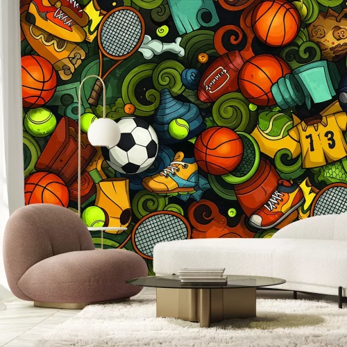 Papier peint  Motif jeunesse avec ballons et chaussures dans un style sportif