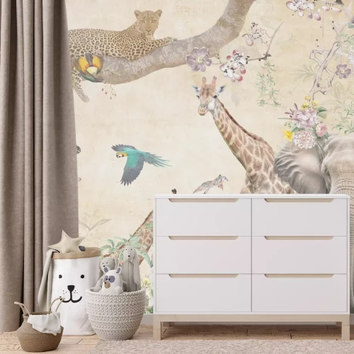 Papier peint  Animaux sauvages parmi des fleurs colorées