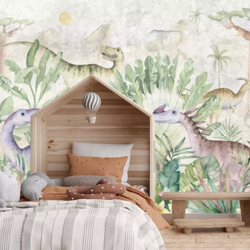 Papier peint  Dinosaures colorés dans la végétation tropicale