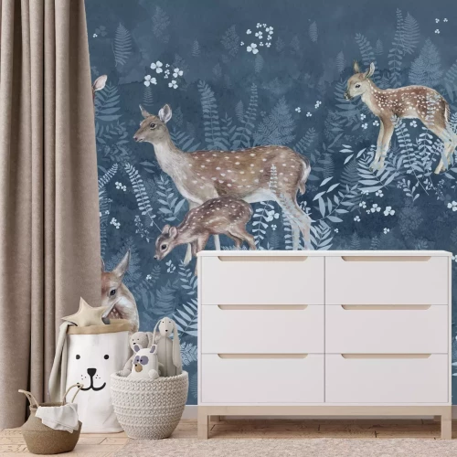 Papier peint  Animaux sauvages chevreuils dans une prairie avec des fougères