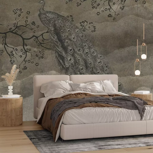 Papier peint  Magnifique paon sur une branche sur fond marron texturé