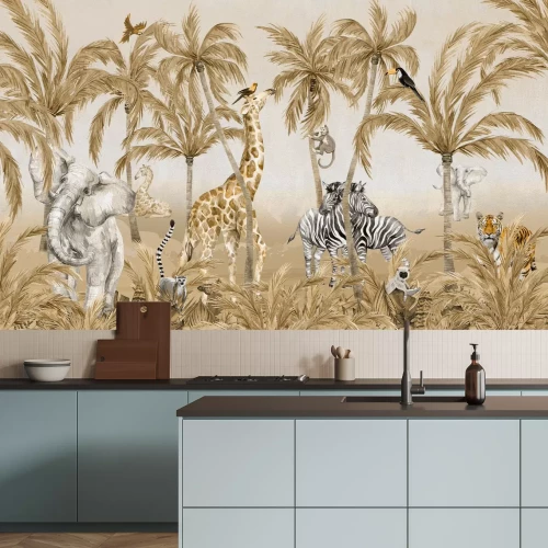 Papier peint  Animaux de la jungle parmi les palmiers