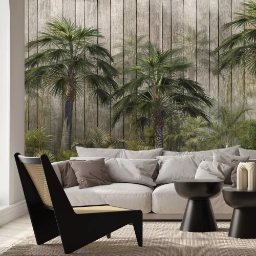 Papier peint  Palmiers et verdure tropicale sur fond de planches en bois