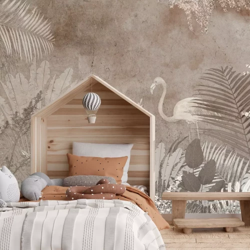 Papier peint  Flamant rose et feuilles tropicales dans des tons de brun sur fond en béton