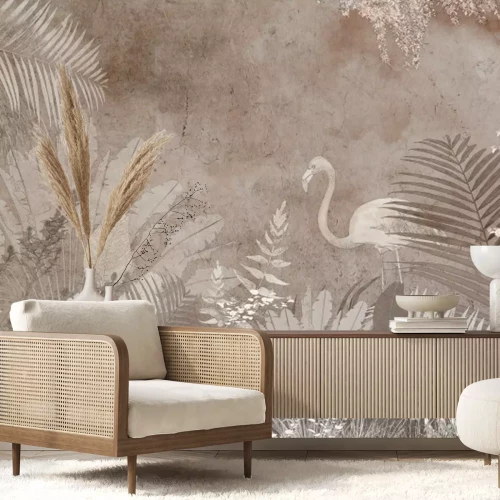 Papier peint  Flamant rose et feuilles tropicales dans des tons de brun sur fond en béton