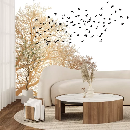 Papier peint  Silhouettes d’oiseaux et d’un arbre en style minimaliste