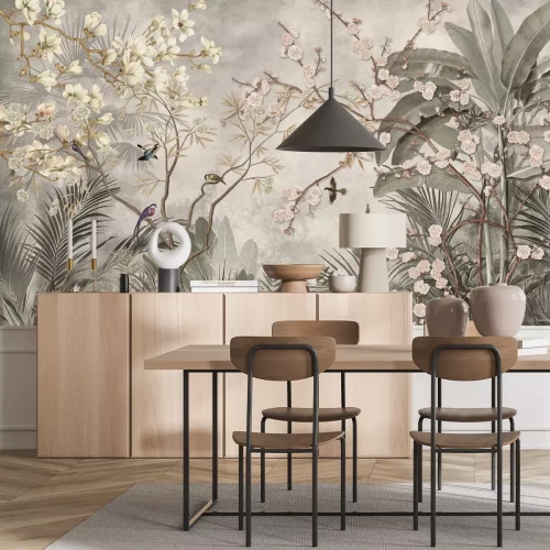 Papier peint  Oiseaux dans la jungle tropicale et parmi les feuilles exotiques