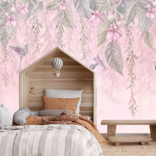 Papier peint  Colibris parmi les feuilles et les fleurs pastel