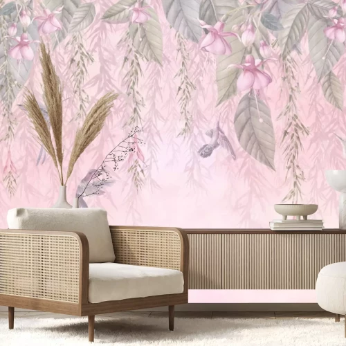 Papier peint  Colibris parmi les feuilles et les fleurs pastel