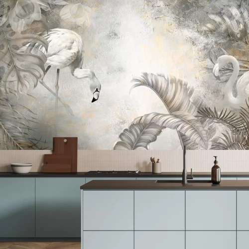 Papier peint  Flamants roses et feuilles tropicales sur fond de béton