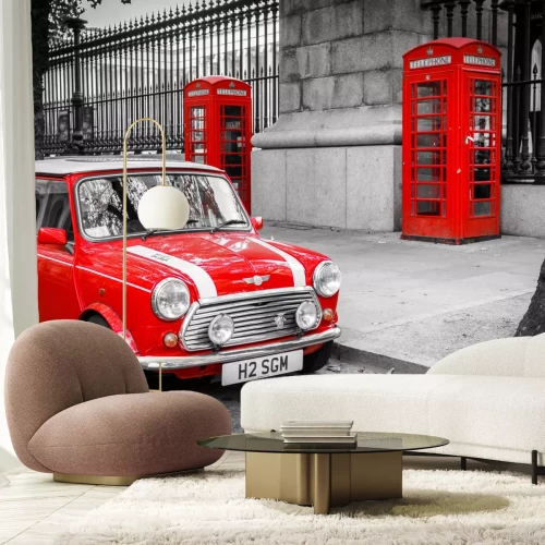Papier peint  Voiture rouge et cabines téléphoniques à Londres