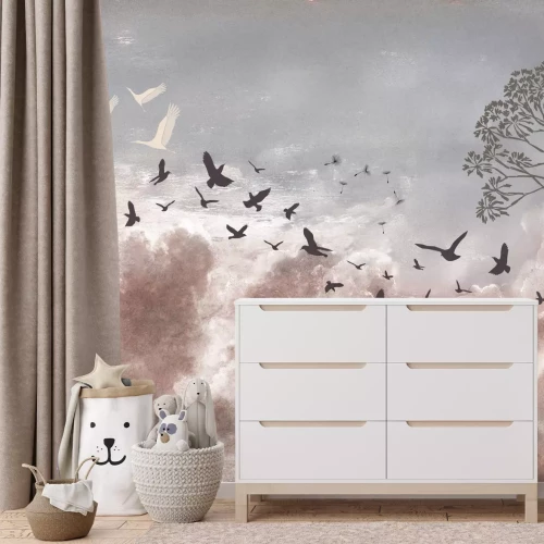 Papier peint  Légers pissenlits et oiseaux sur un fond de ciel pastel