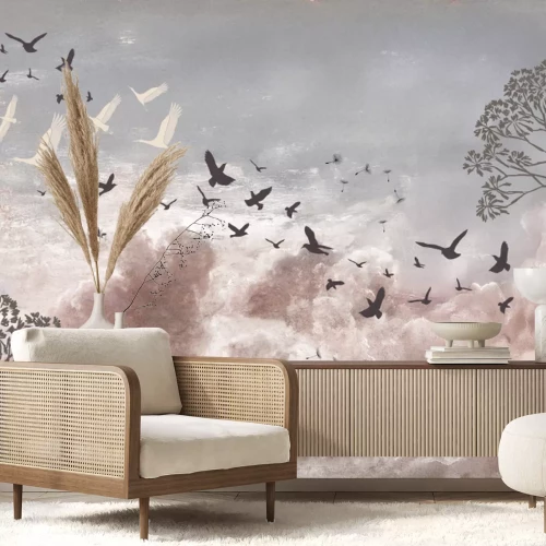 Papier peint  Légers pissenlits et oiseaux sur un fond de ciel pastel