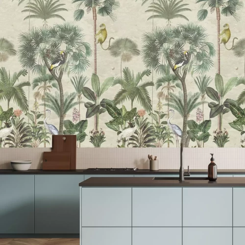 Papier peint  Singes et oiseaux exotiques dans la jungle tropicale