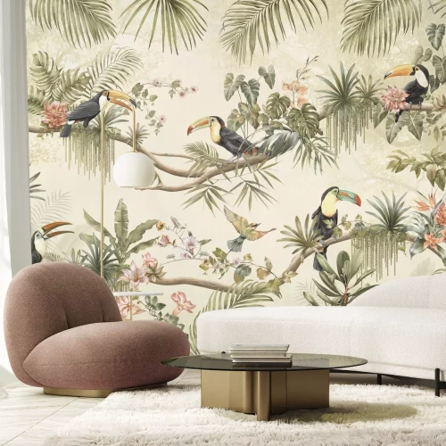 Papier peint  Toucans et colibris parmi les plantes exotiques