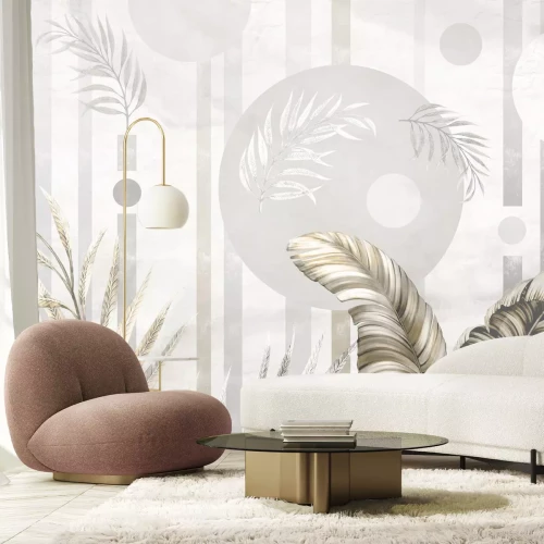 Papier peint  Feuilles exotiques sur un fond avec des formes géométriques