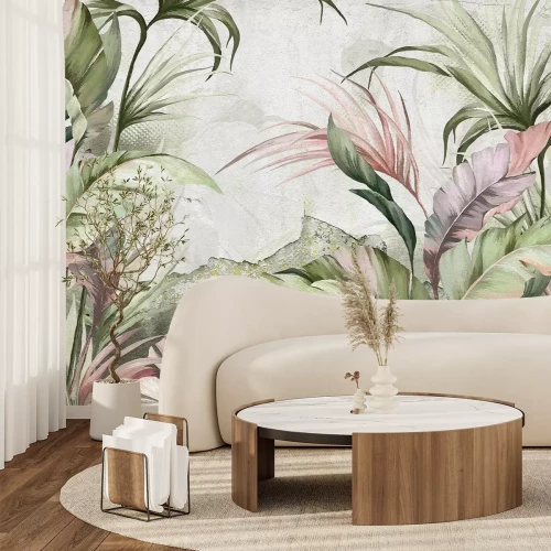 Papier peint  Paysage tropical feuilles pastel sur fond en béton