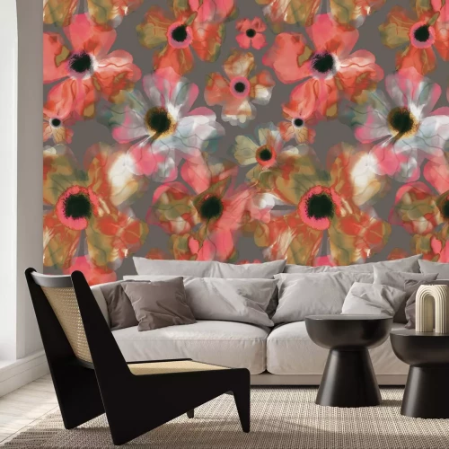 Papier peint  Coquelicots rouges en style abstrait sur fond gris
