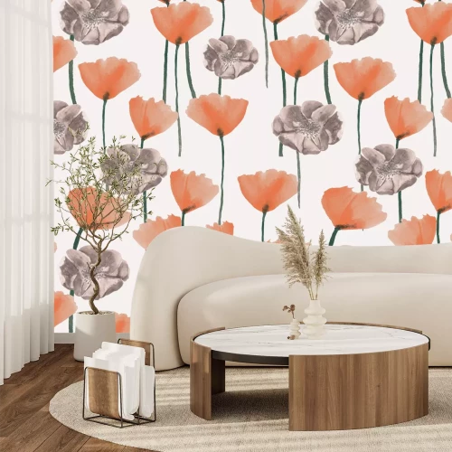 Papier peint  Motif minimaliste fleurs des champs sur fond blanc