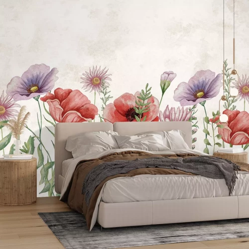 Papier peint  Coquelicots et fleurs des champs en aquarelle dans des tons de violet et de rose