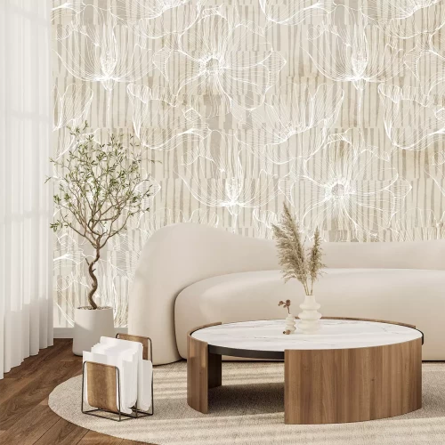 Papier peint  Fleurs de pavot blanches en style dessin au trait sur fond géométrique