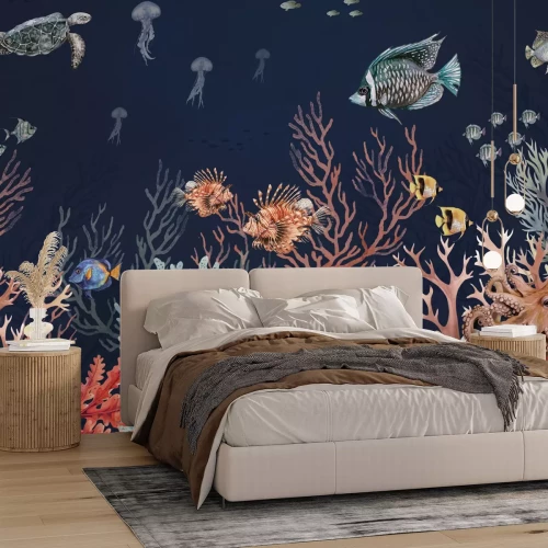 Papier peint  Animaux aquatiques et poissons dans une composition aquarelle