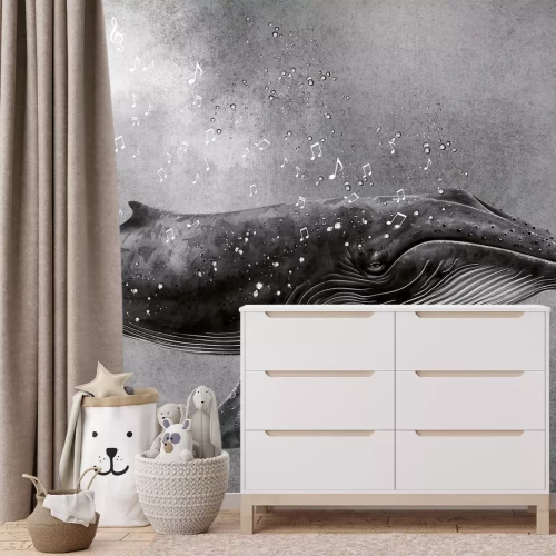 Papier peint  Motif en noir et blanc chant de la baleine et notes musicales