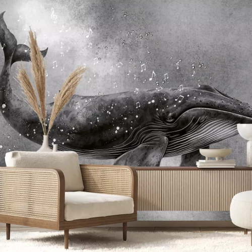 Papier peint  Motif en noir et blanc chant de la baleine et notes musicales