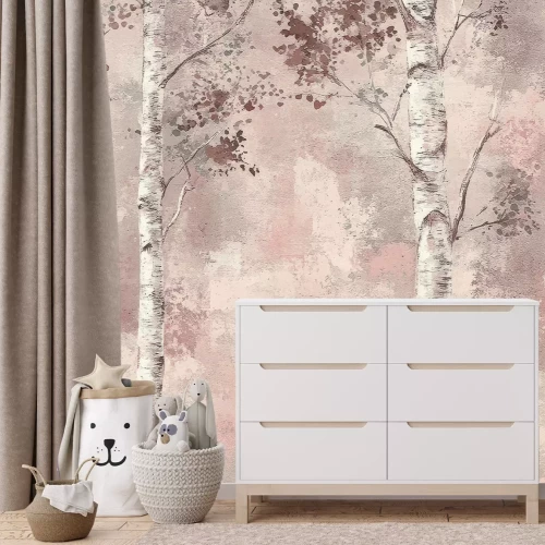 Papier peint  Arbres de bouleaux avec une texture béton en arrière-plan