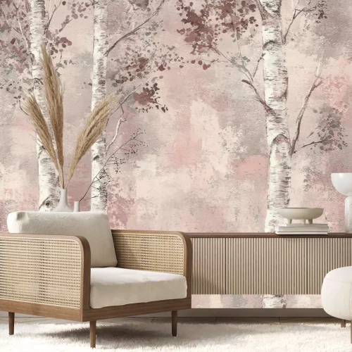 Papier peint  Arbres de bouleaux avec une texture béton en arrière-plan