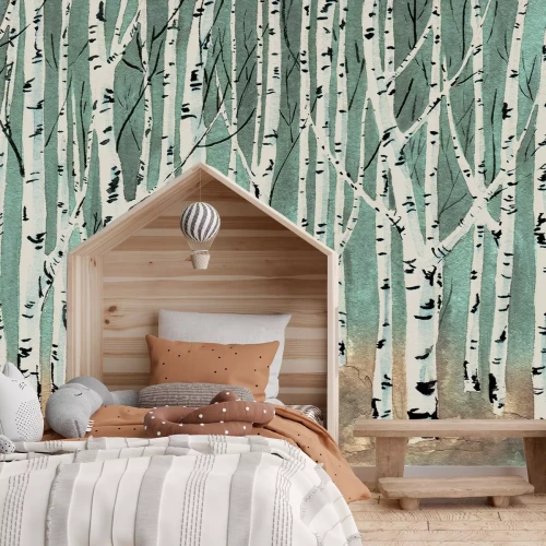 Papier peint  Bouleaux dans un paysage aquarelle