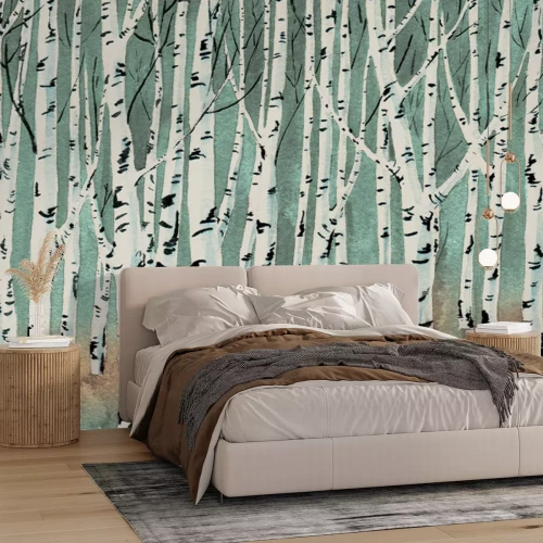 Papier peint  Bouleaux dans un paysage aquarelle