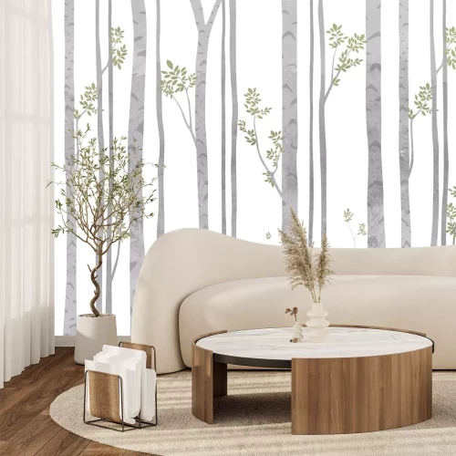 Papier peint  Bouleaux en aquarelle avec des feuilles vertes