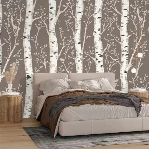 Papier peint  Bouleaux sur fond brun avec texture subtile