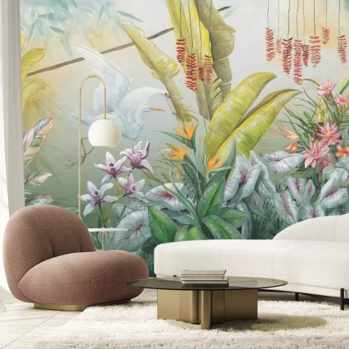 Papier peint  Fleurs exotiques et un oiseau blanc dans un décor tropical