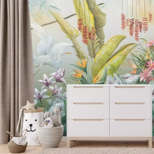 Papier peint  Fleurs exotiques et un oiseau blanc dans un décor tropical