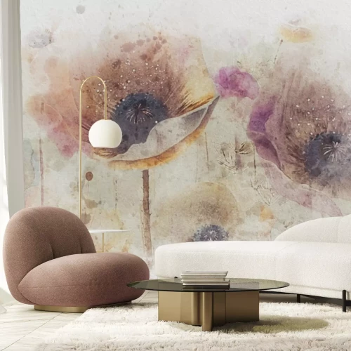 Papier peint  Fleurs de coquelicot aquarelle sur fond de béton