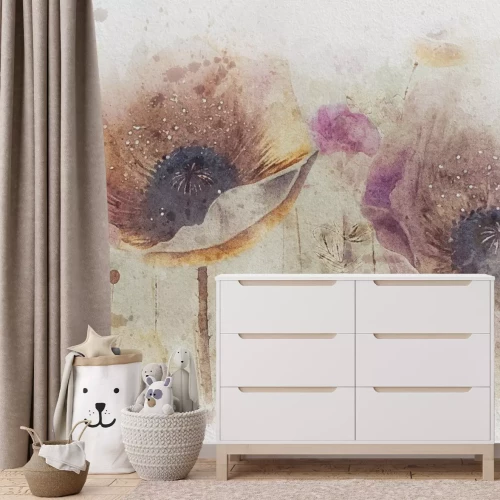 Papier peint  Fleurs de coquelicot aquarelle sur fond de béton