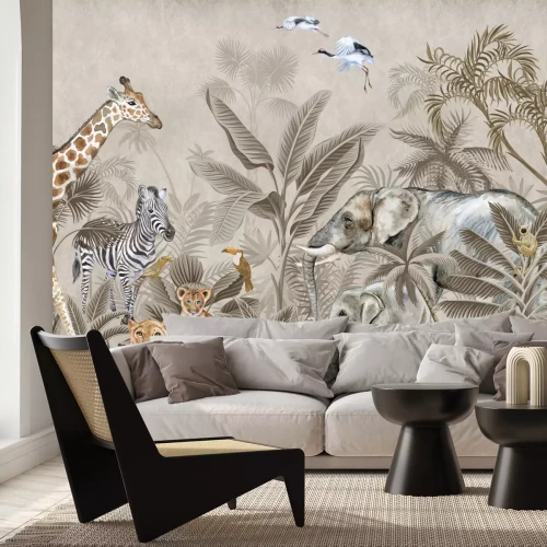 Papier peint  Jungle pittoresque avec des animaux mignons et des plantes
