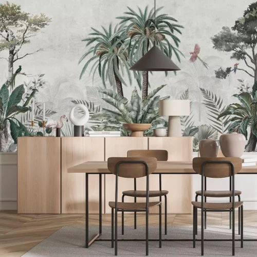 Papier peint  Jungle verte avec faune et flore exotiques