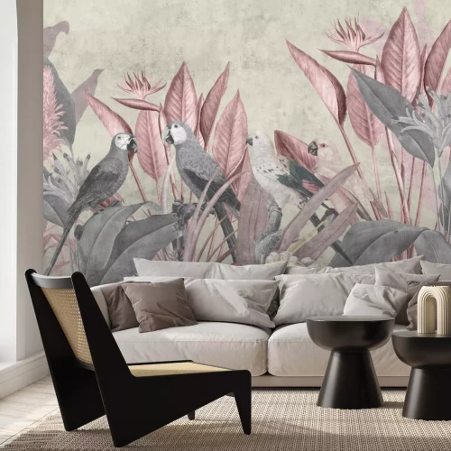 Papier peint  Perroquets sur fond de plantes tropicales
